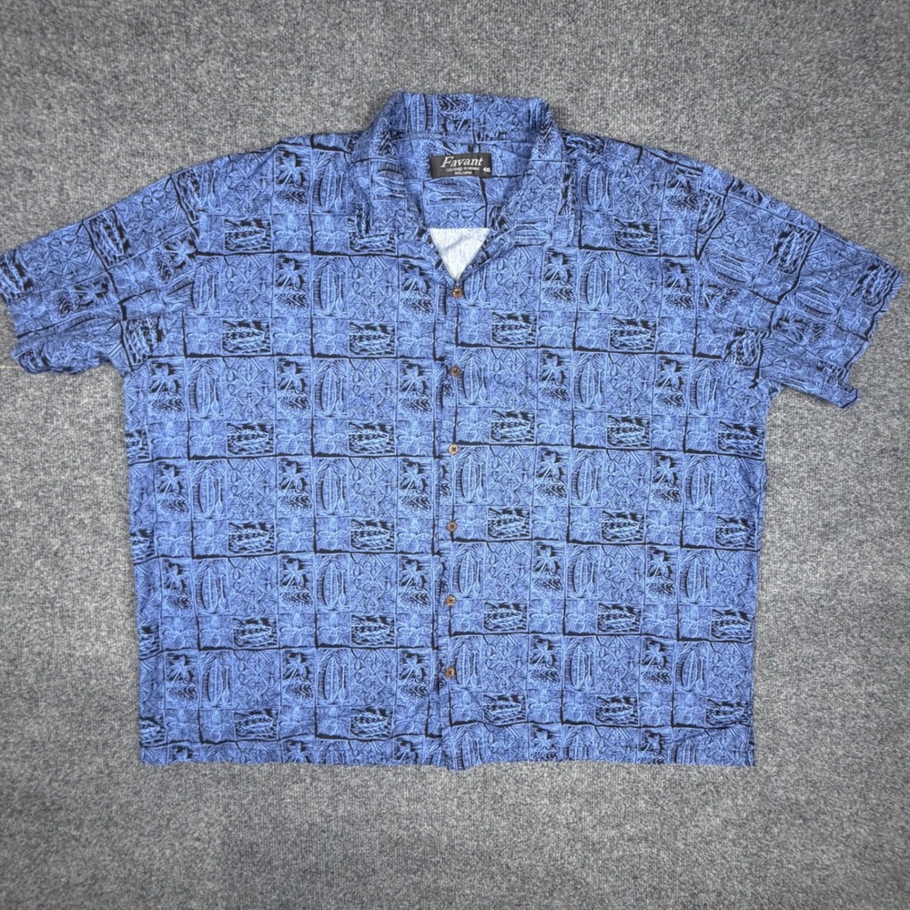 Favant Hawaiian Shirt Men's 4XL Blue Tiki Aloha Button Up Designed in Hawaii